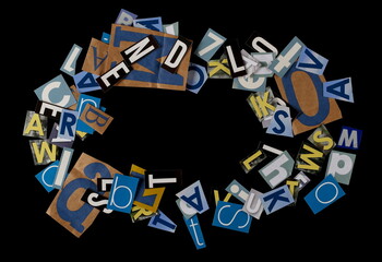 Collage of letters newspapers frame isolated on black background and texture, top view