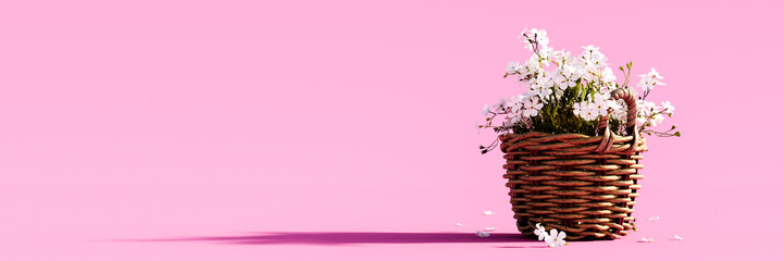 White flowers in wooden basket on pink spring background 3D Rendering	