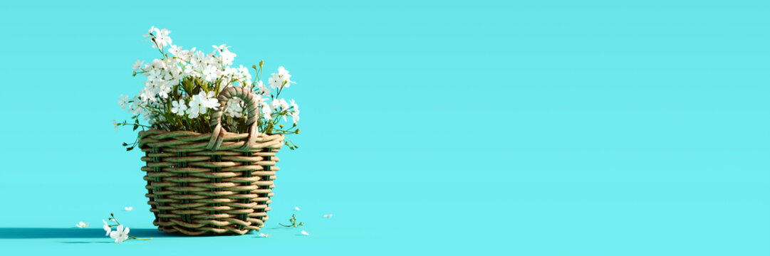 White flowers in wooden basket on turquoise blue spring background 3D Rendering