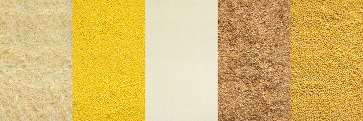 Various grain cereals banner, top view, white rice and millet, semolina and wheat grits, couscous