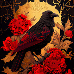 Crow and peonies red and black generative ai