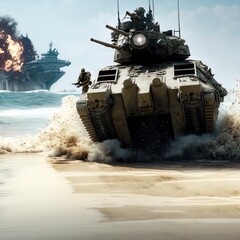 Marine invasion on the beach. Action scene created with Generative AI. 