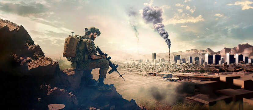 military special forces soldier sitting on high hill watching city skyline target location, wide poster design with copy space area