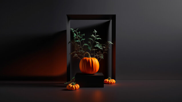 3D base podium, black color background, black room, with a halloween ghost pumpkin on the side, black color wall, studio interior, photography, illustration