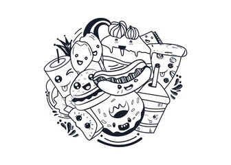 Fast Food and drink Doodle Art, cartoon character doodles, 