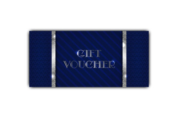 Gift voucher template. Art deco style. Luxury blue certificate cover with shiny silver decor elements. Vector illustration of gift coupon on abstract rich background