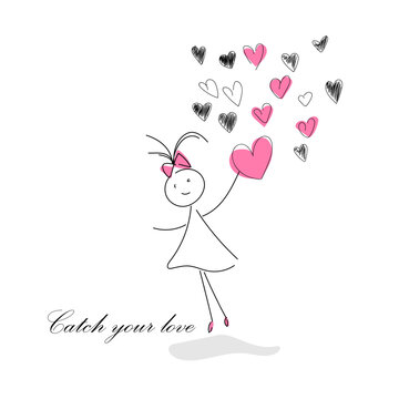 vector image of a girl with a heart in her hands. Greeting card for Valentine's Day. Catch your love.