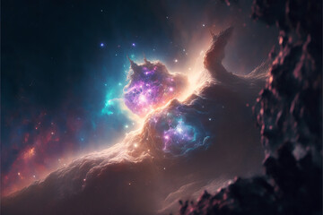 Nebula and galaxies in deep space. Endless universe with stars in outer space. Cosmos art. AI generative illustration