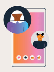 Smartphone with male and female profiles. Friends chatting. New generation. The concept of social networks, virtual relationships. Friends chatting and texting. Vector illustration.