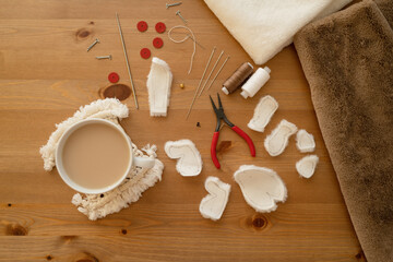 The material for creating fur toys is on the table, top view