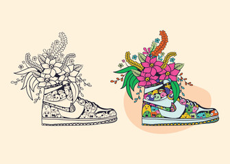Beautiful floral hand drawn vector illustration of a female shoes with flowers