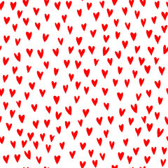 Red hearts on a white pattern background. Cute seamless romantic print. Ornament for Valentine's Day. Vector illustration.