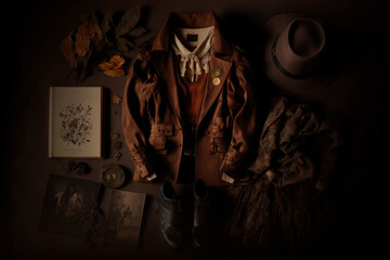 Obraz premium Dark aesthetic outfit flat lay vintage background, witchcraft AI Generated