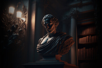 Dark academia vintage library, Greek sculpture, old books AI Generated