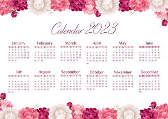 Vector illustration. Colorful horizontal calendar 2023 template. Week Starts on Sunday. Wall calendar with flower on white background. Printable template a4