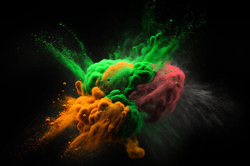 Explosion of multicolored, orange and green dust on black background. Generative Ai.