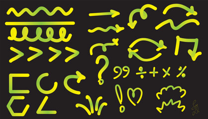neon yellow hand drawn arrows vector set 