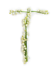 Letter T of white flowers Lily of the valley ( Convallaria ) on a white background. Top view, flat lay