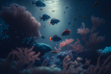 Fototapeta na wymiar Underwater scene in Egypt. Colorful fish groups in Coral reef, clean ocean water. Dark mood, Generation AI