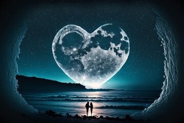 Generative AI image of  a couple contemplating heart-shaped moon near to sea