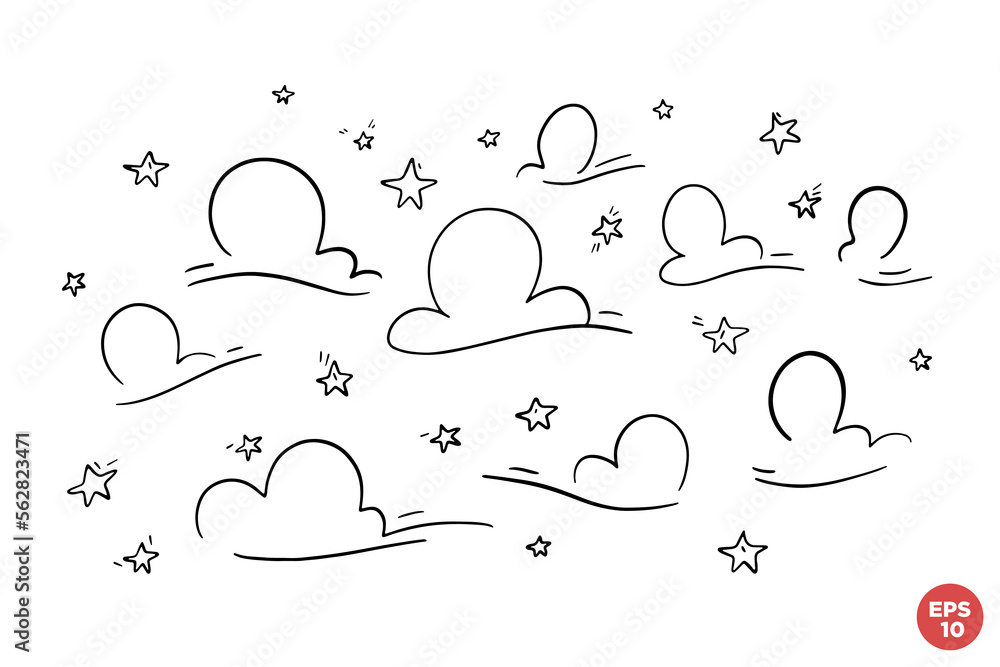 Poster a set of linear clouds and stars on a white isolated background. vector hand dtawn ink elements set.