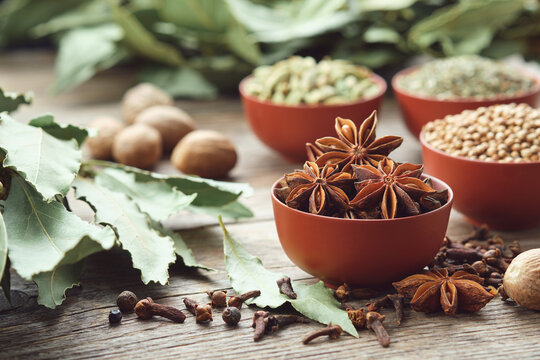 Bowl of anise stars. Bowls of aromatic spices - coriander, cardamom pods on background. Gloves, laurel leaves, nutmeg on table. Ingredients for healthy cooking. Ayurveda remedies.