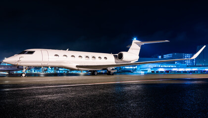 Private jet parked at night, making an elegant aviation background. Business jet is the way to...