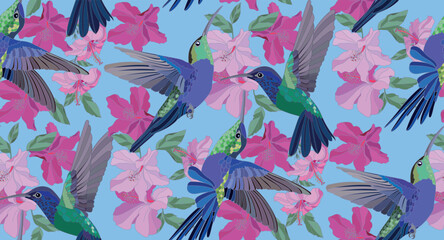 Vector drawing of a hummingbird and exotic flowers in vintage style