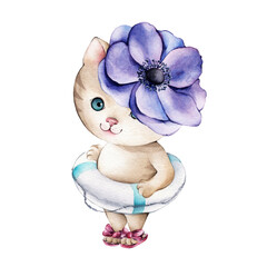 Watercolor illustration cute cat with purple anemones. Kitten white background. Hand drawn