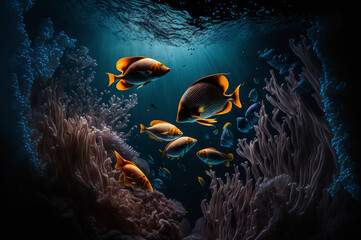 Fototapeta premium Underwater scene in Egypt. Colorful fish groups in Coral reef, clean ocean water. Dark mood, Generation AI