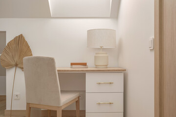 A cozy Home interior in warm beige tones in Japanese  and Scandinavian Style. Modern Scandinavian Interior Design. Japandi Concept
