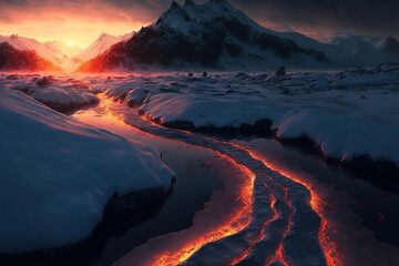 Fire and ice concept. Good and evil. Lava river cutting through a frozen winter landscape. Hot and cold. Warm sunset tones. Cold stormy tones.