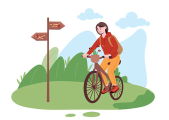 Woman riding bicycle. Young girl in lawn in front of road sign. Active lifestyle and travel, tourism. Health care and outdoor recreation, hiking and camping. Cartoon flat vector illustration