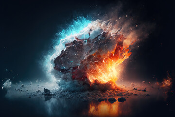 Fire and ice concept. Good and evil. Hot and cold. Exploding fire. Exploding ice. Blue glow. fire glow.