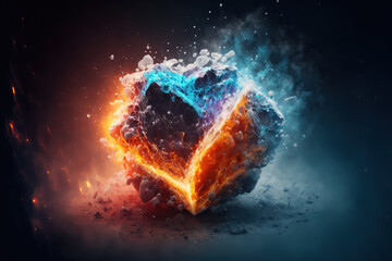 Fire and ice concept. Good and evil. Hot and cold. Exploding fire. Exploding ice. Snow surface. Ice surface. Ash surface.