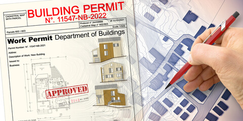 Buildings Permit concept with residential building project against an imaginary floor plans and...