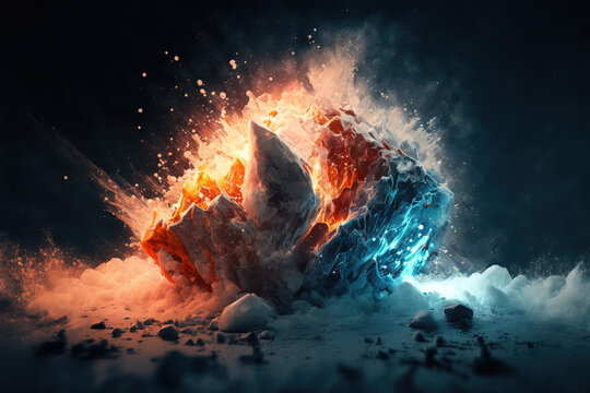 Fire and ice concept. Good and evil. Hot and cold. Exploding fire. Exploding ice. Smoke with ashes.