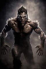Fototapeta na wymiar Isolated Werewolf lycanthrope. Dark misty background. Evil glowing eyes and sharp fangs. Furry body. Muscular body.