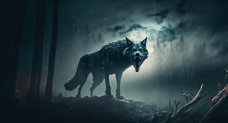 Howling wolf. Werewolf lycanthrope. Dark misty forest full moon. Evil glowing eyes and sharp fangs.