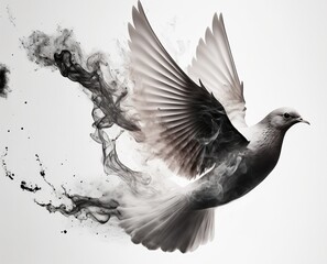 Fototapeta premium Flying white dove. Fading into dark smoke. Fantasy bird. Fantasy white dove. Angelical wings.