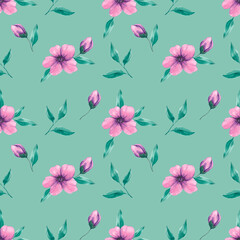 Hand drawn watercolor seamless floral pattern. Watercolor. Pink flowers. Green leaves. Floral background. Spring. Home textiles. Texture. Abstraction. Bloom. Summer.