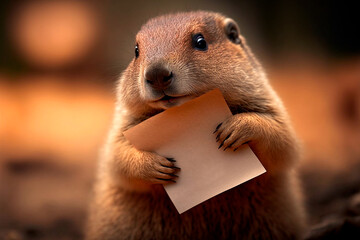 The groundhog is holding a white piece of paper. Groundhog Day. Place for text. Generative AI