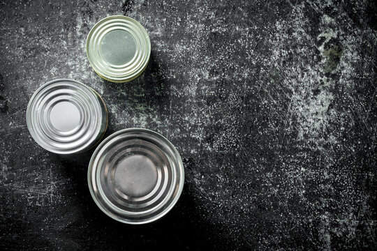 Canned food in closed cans.