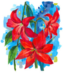 Picturesque bright floral print red lilies painted in oil for textiles, postcards, posters. © Arina