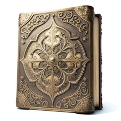 Old antique ancient sacred holy book with metal binding isolated on a white background, generative ai
