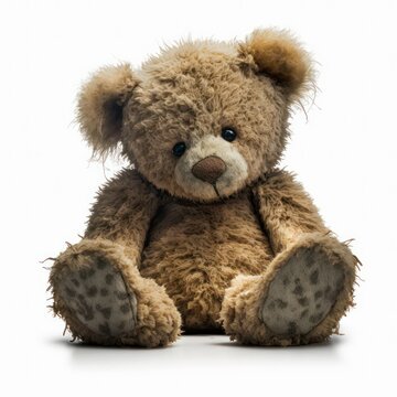 Portrait of a ragged and tattered old teddy bear stuffed animal isolated on a white background, generative ai