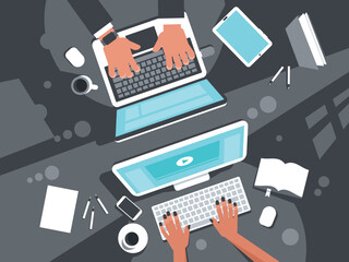 Co-working concept. Coworking of man and woman by the table. Team workflow top view. Vector illustration