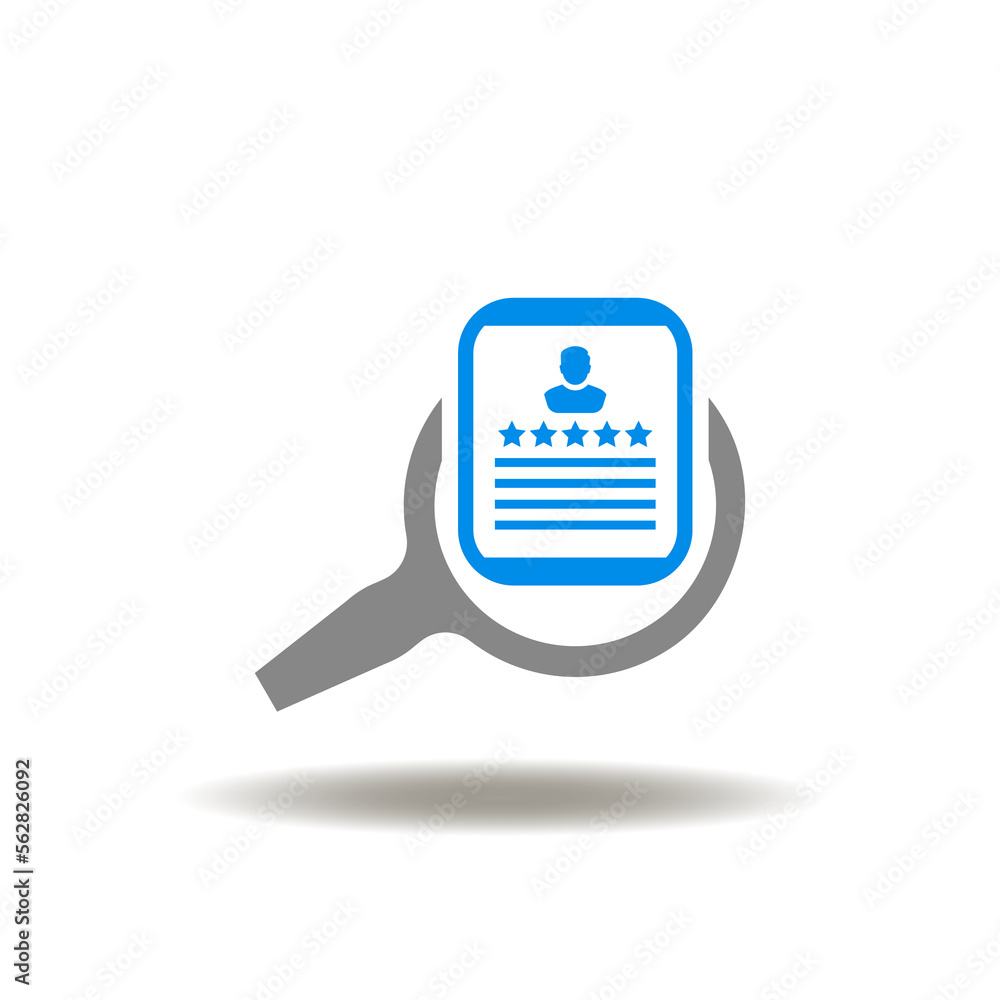 Poster vector illustration of magnifier and interview list with man and five stars. icon of job search and 