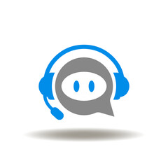 Vector illustration of headphones or headset and speech bubble robot face. Icon of chatbot. Symbol of chat bot automatic online support service.