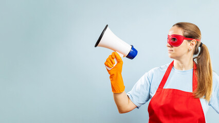 Woman in red mask, gloves and apron with megaphone on blue background